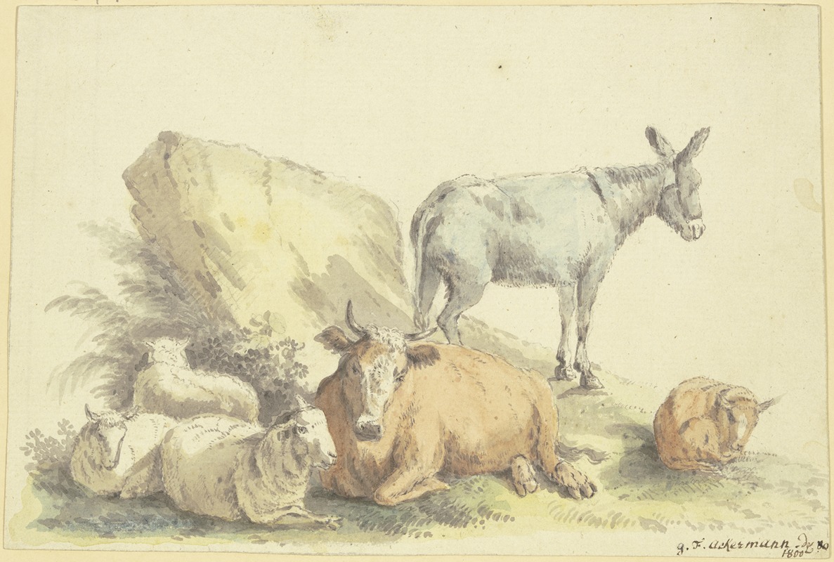Eine Kuh, drei Schafe, ein Esel und ein Kälbchen by Georg Friedrich Ackermann, 1800 — digital art print download