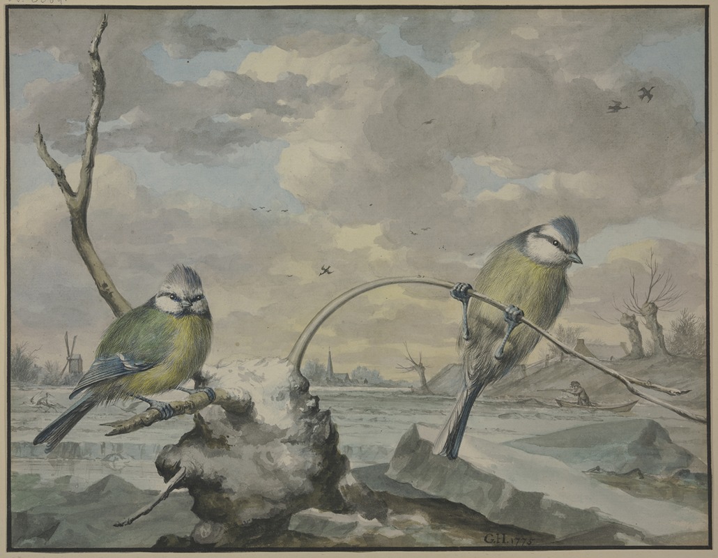 Two tits in the winter by Gijsbertus Haasbroek, 1775 — digital art print download