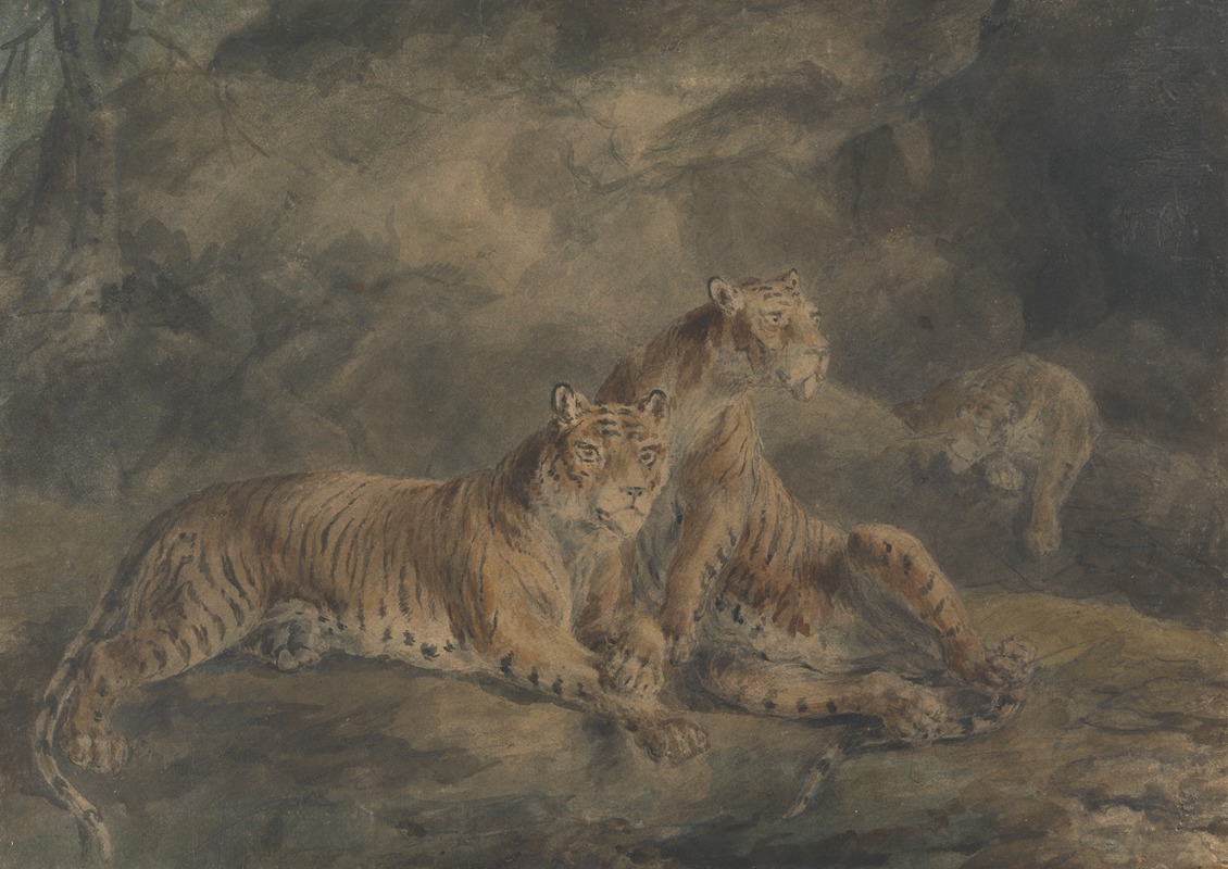 Three Tigers in a Rocky Landscape — Сорей Гилпин