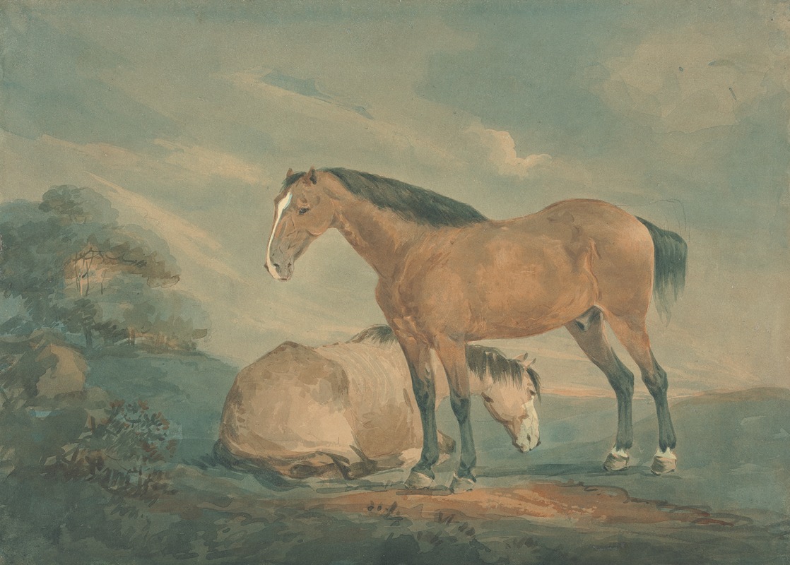 Two Bay Horses in a Landscape by Сорей Гилпин — digital art print download