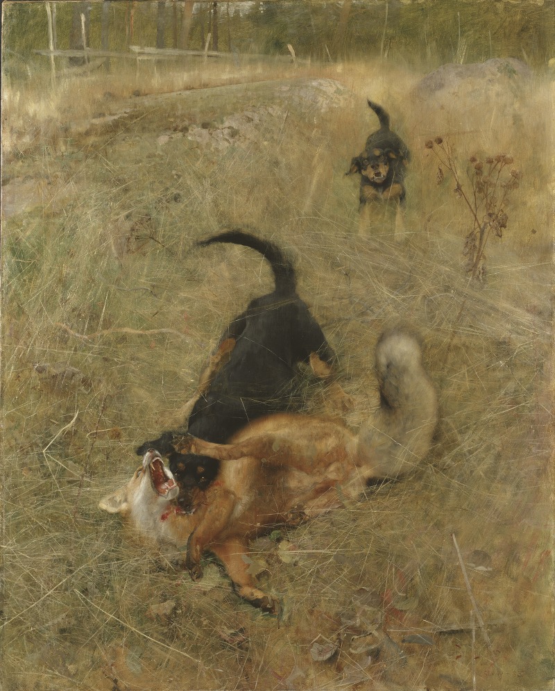 Swedish Foxhound and Fox by Бруно Лильефорс, 1885 — digital art print download