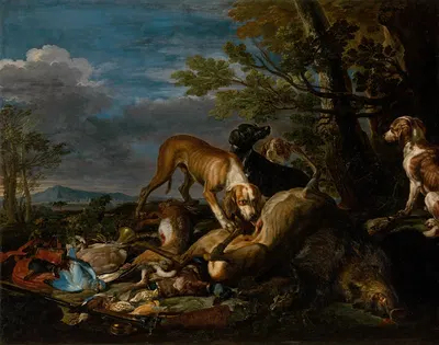 Hunting Still Life with Dogs by David de Coninck, 1650 — digital art print download