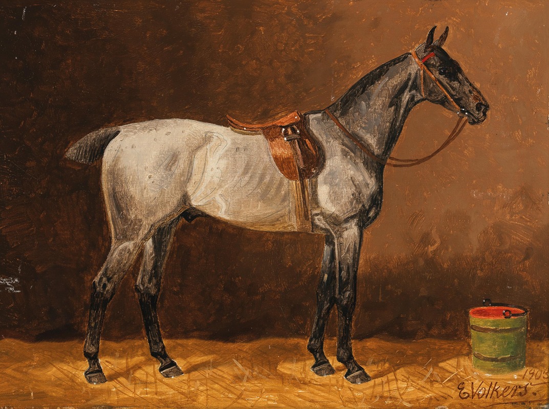 A saddled horse in a stable by Эмиль Волькерс, 1903 — digital art print download