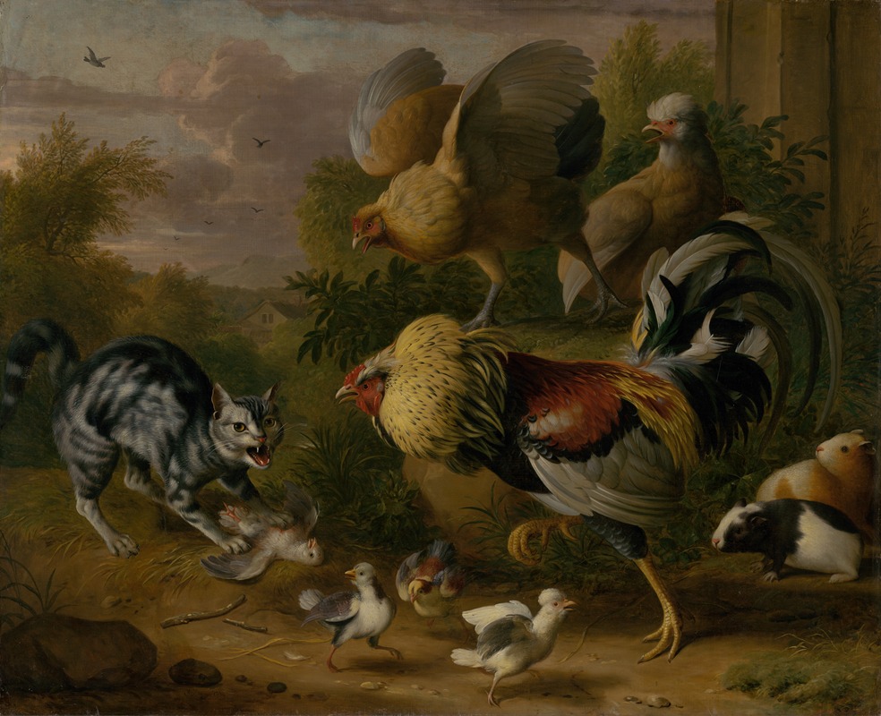 A cat among roosters by Jakob Bogdani — digital art print download