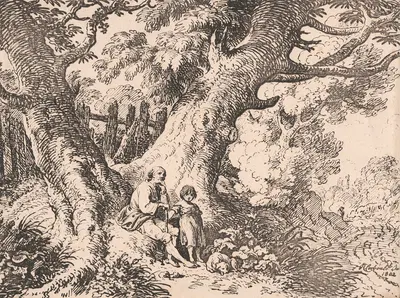 Old Trees with Old Man, Child and Dog by Ричард Корбольд, 1802 — digital art print download
