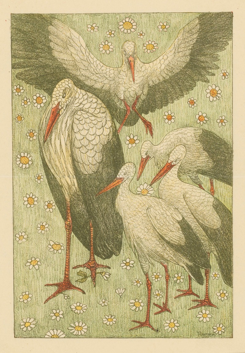 Vijf ooievaars in een wei by Тео ван Хойтема, 1878 - 1914 — digital art print download