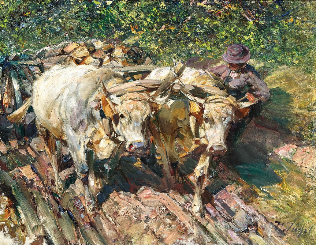 Two Oxen Pulling a Cart in Bolzano, Munich — Heinrich Von Zügel