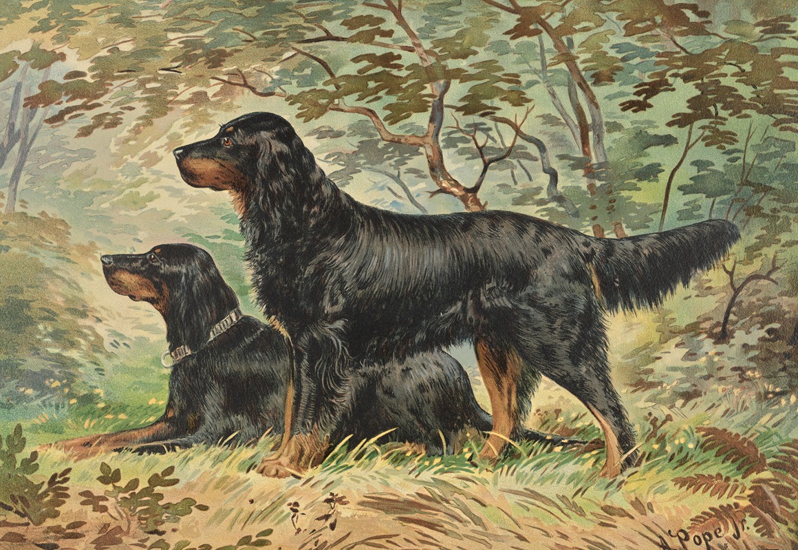Two Gordon Setters, facing left, one standing, one reclining by Alexander Pope Jr., 1880 — digital art print download