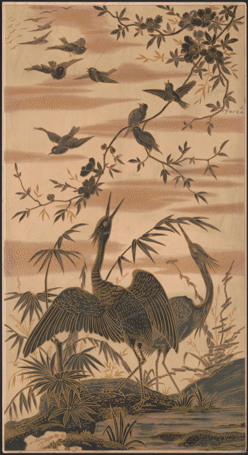 Two cranes and several smaller birds among blossoming trees — Louis Prang & Co.