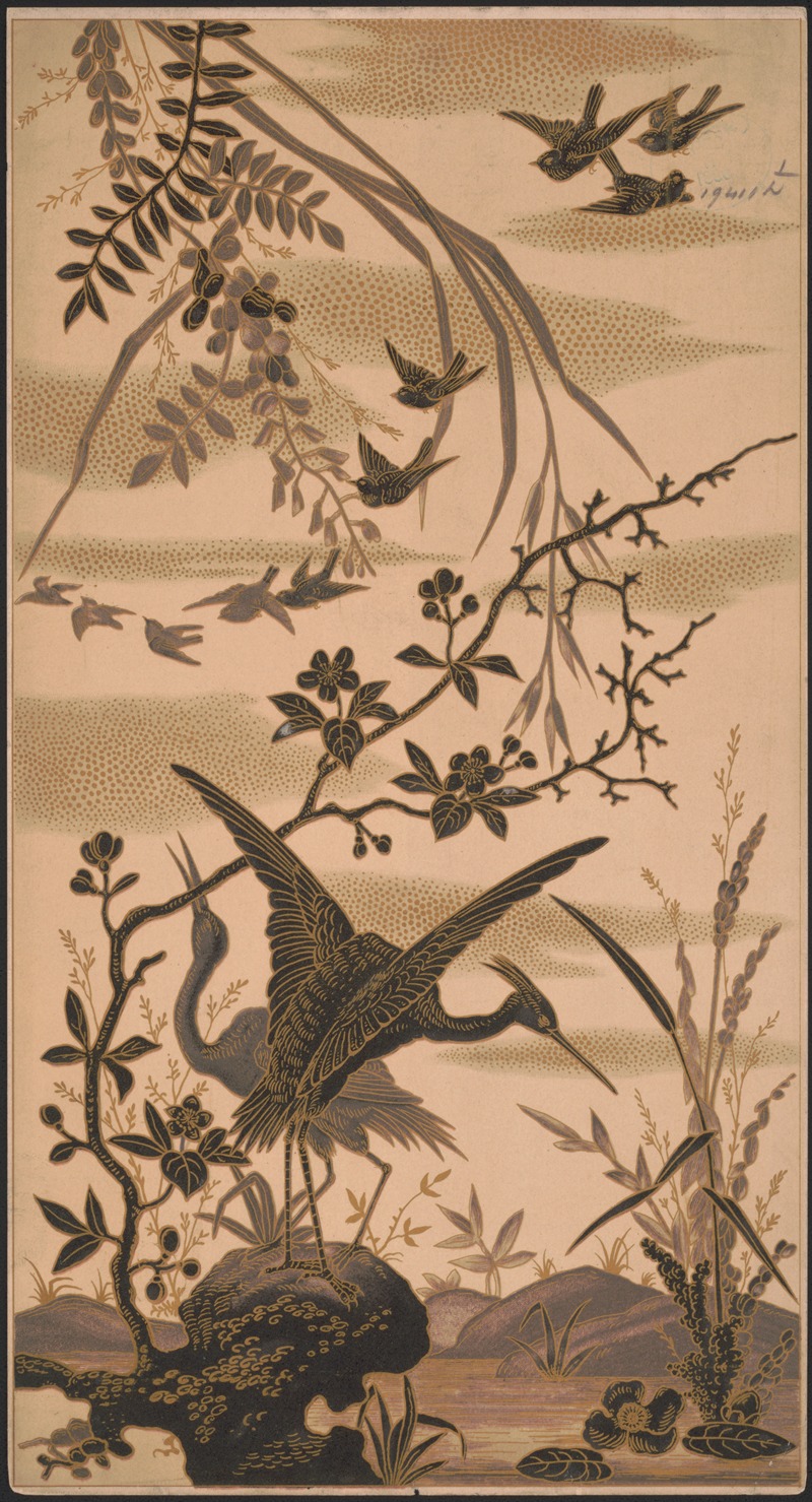 Two cranes and several smaller birds by Луи Пранг и Ко, 1880 — digital art print download