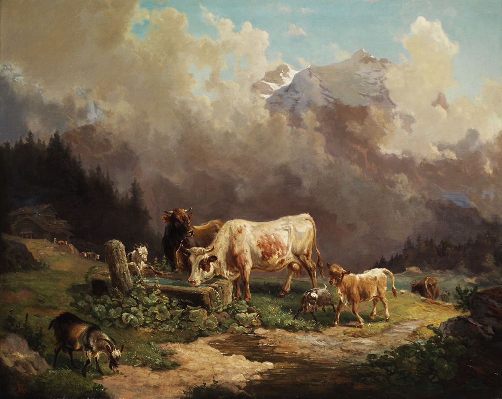 Vieh im Hochgebirge an der Tränke — Louis Reinhardt