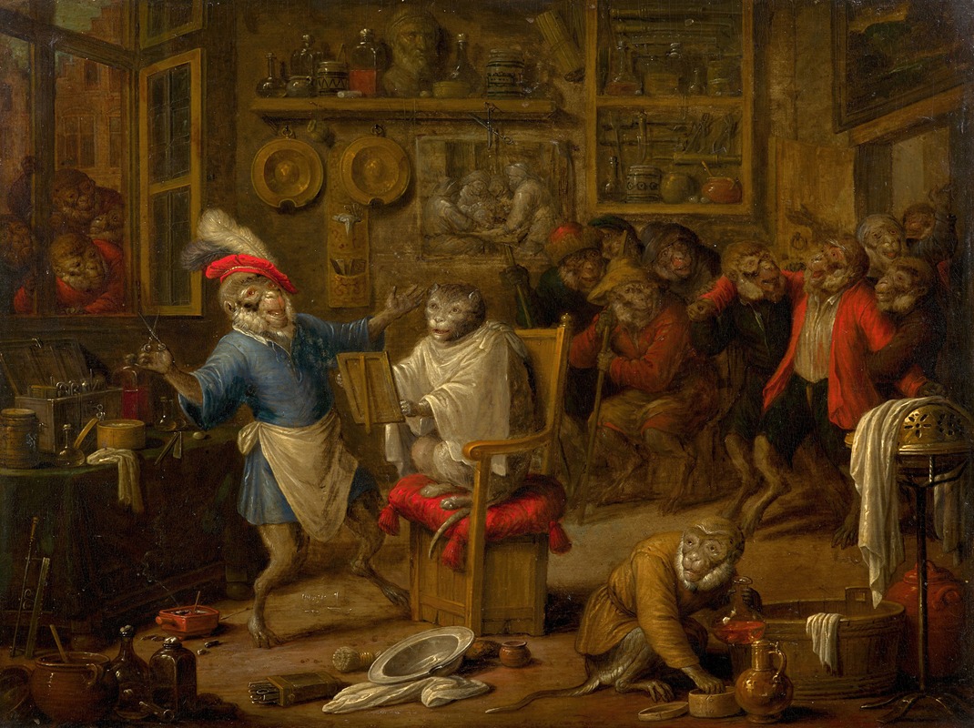 The monkey hairdresser's workshop — Nicolaes van Veerendael