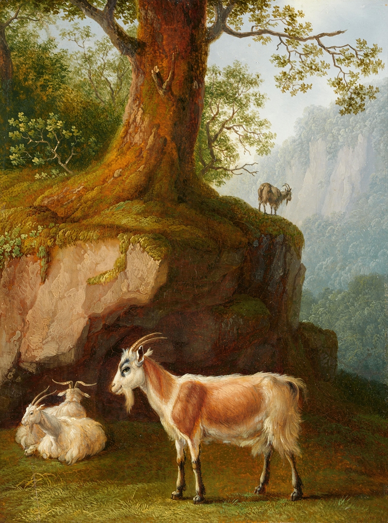 Bergige Landschaft mit vier Ziegen by Якоб Филипп Хакерт, 1801 — digital art print download