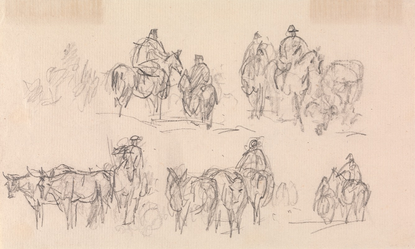 Studies of figures on horses, cattle at lower left — Sawrey Gilpin