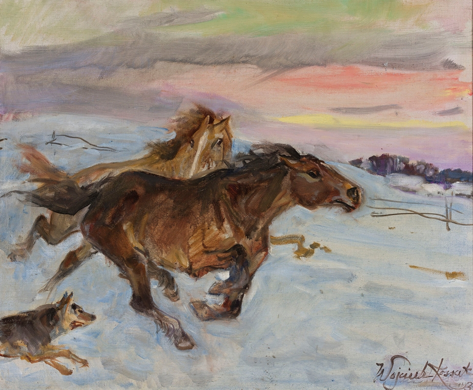 Horses fleeing from a wolf by Войцех Коссак, 1937 — digital art print download