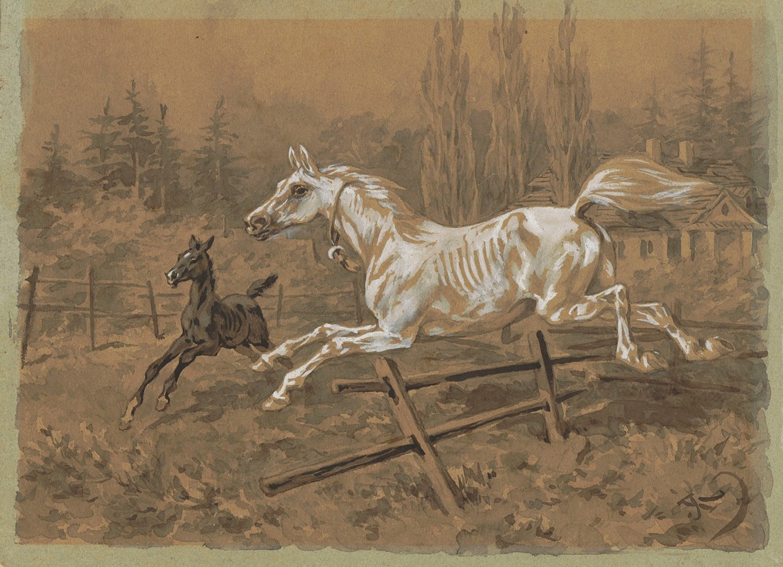 White mare and black foal by Юлиуш Коссак, 1880 — digital art print download