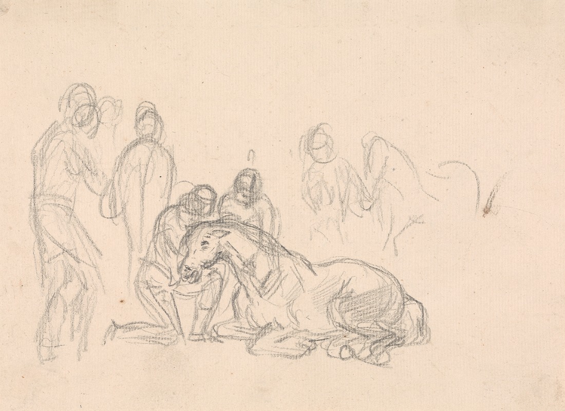 Two figures kneeling beside a horse… by Сорей Гилпин — digital art print download