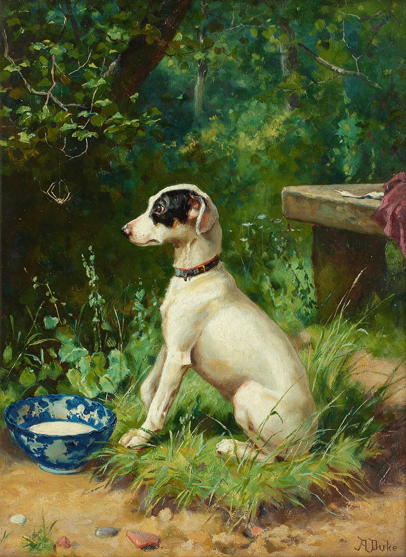 A White Terrier by its bowl by Alfred Duke — digital art print download