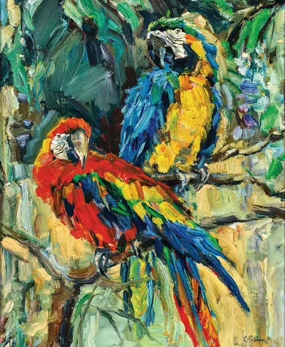 Zwei Papageien aus Bali (Two parrots from Bali) by Carl Fahringer, 1939 — digital art print download