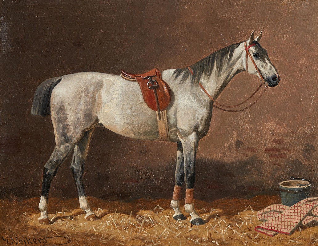 Gesattelter Schimmel im Stall by Эмиль Волькерс — digital art print download
