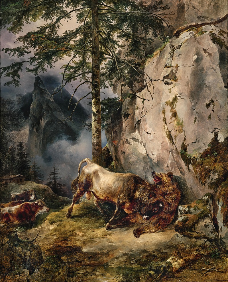 A Bull Fighting a Bear by Фридрих Гаурманн — digital art print download