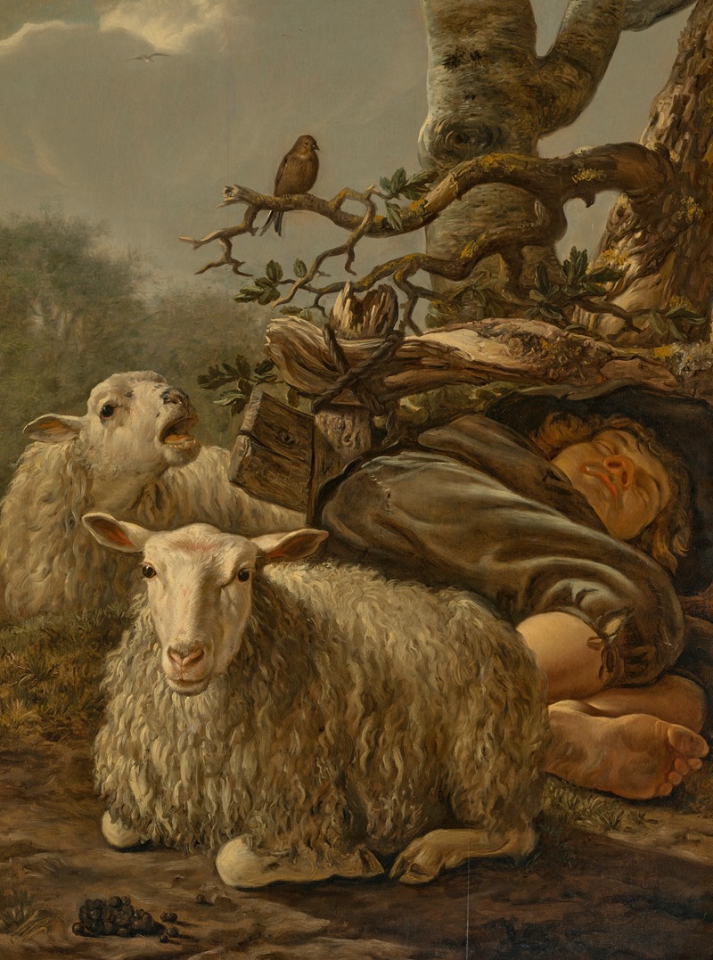 A sleeping shepherd with two sheep, in a landscape by Говерт Дирксз Камфуизен — digital art print download