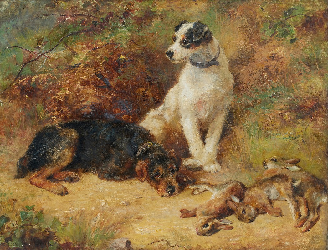 Terriers with the day's rabbits by Nora Drummond, 1892 — digital art print download