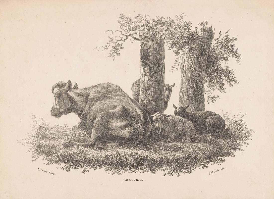 Een koe en drie schapen by Jan Kobell III, 1832 — digital art print download