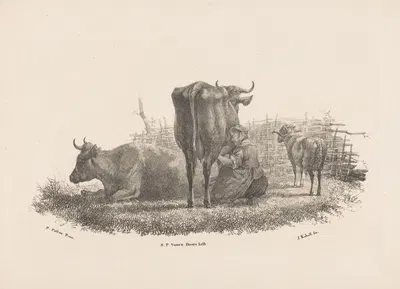 Melkende boerin, twee koeien en een ram by Jan Kobell III, 1832 — digital art print download