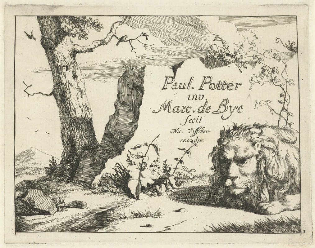 Lion lying by tree by Marcus de Bye, 1657 - 1677 — digital art print download