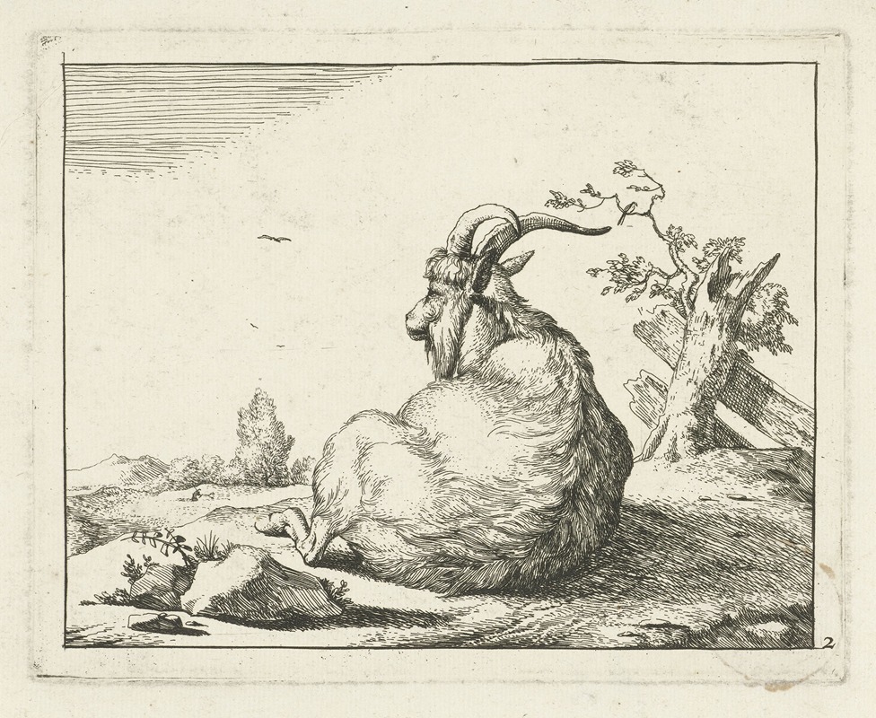 Goat sitting by a fallen tree by Marcus de Bye, 1657 - 1677 — digital art print download