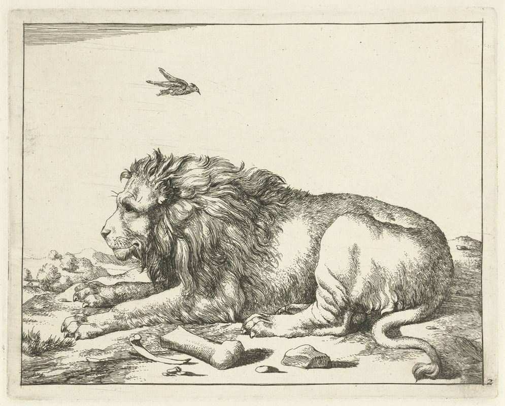 Lying lion with bird above by Marcus de Bye, 1657 - 1677 — digital art print download
