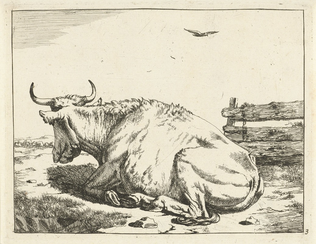 Cow lying by fence by Marcus de Bye, 1657 - 1677 — digital art print download