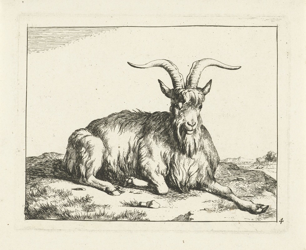 Goat lying down with front leg stretched out by Marcus de Bye, 1657 - 1677 — digital art print download