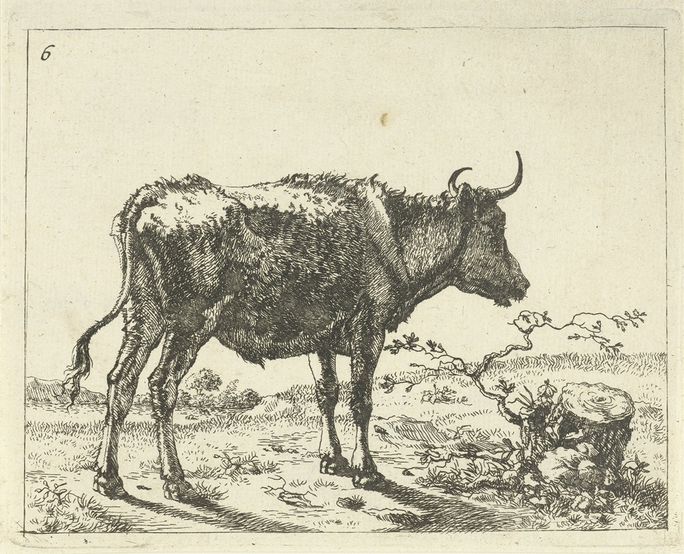 Bull standing by tree stump by Marcus de Bye, 1657 - 1677 — digital art print download