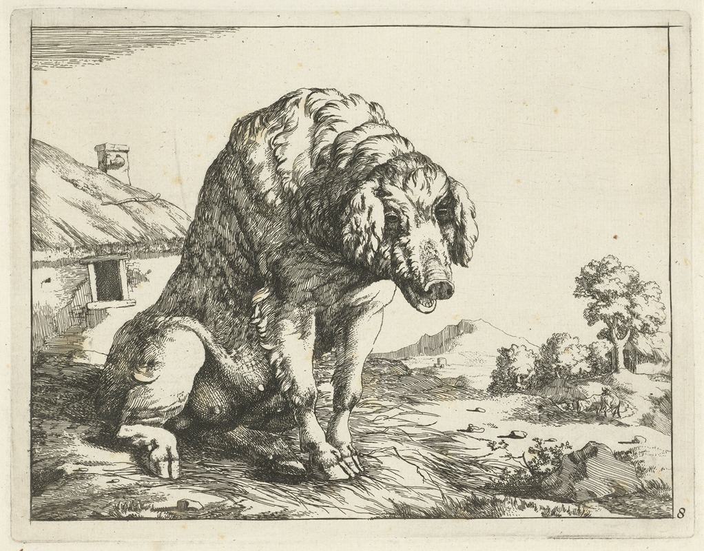 Sow sitting on hind legs by Marcus de Bye, 1657 - 1677 — digital art print download
