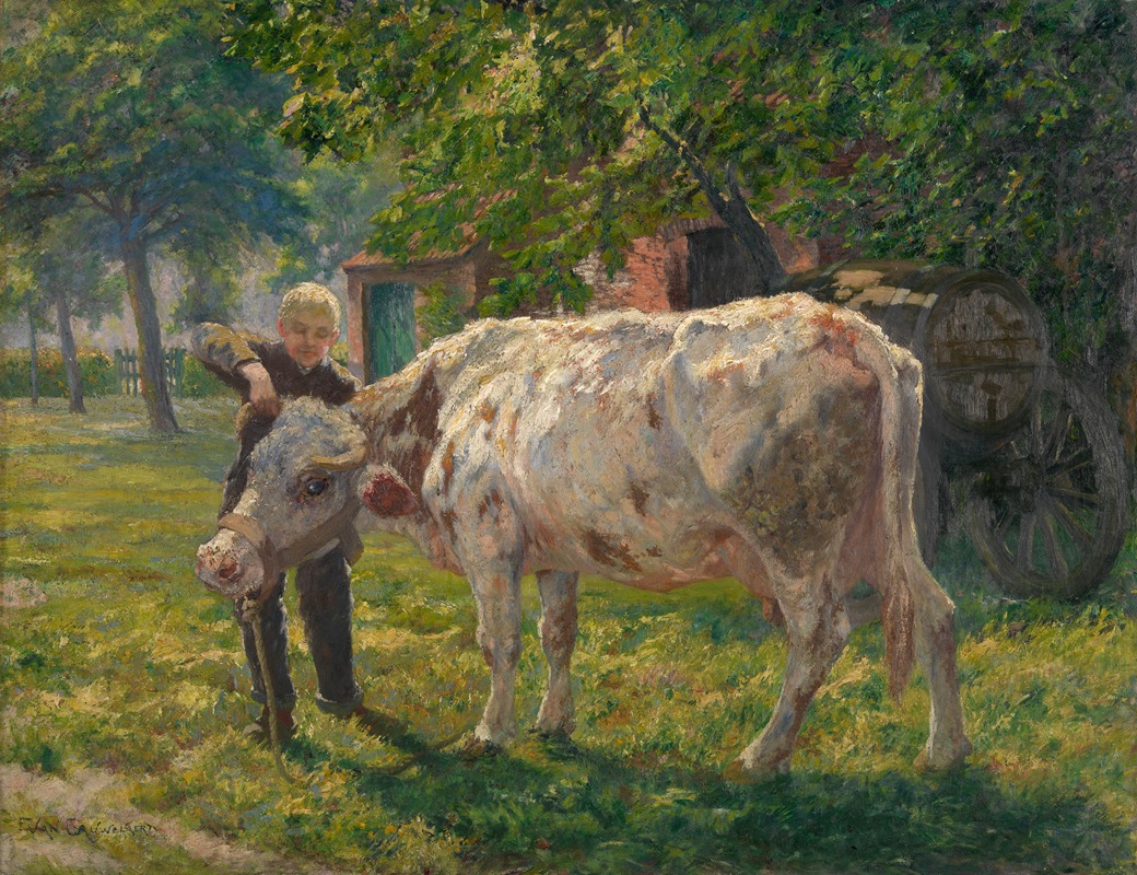 Boy with Cow in an Orchard — Jean Emile Van Cauwelaert