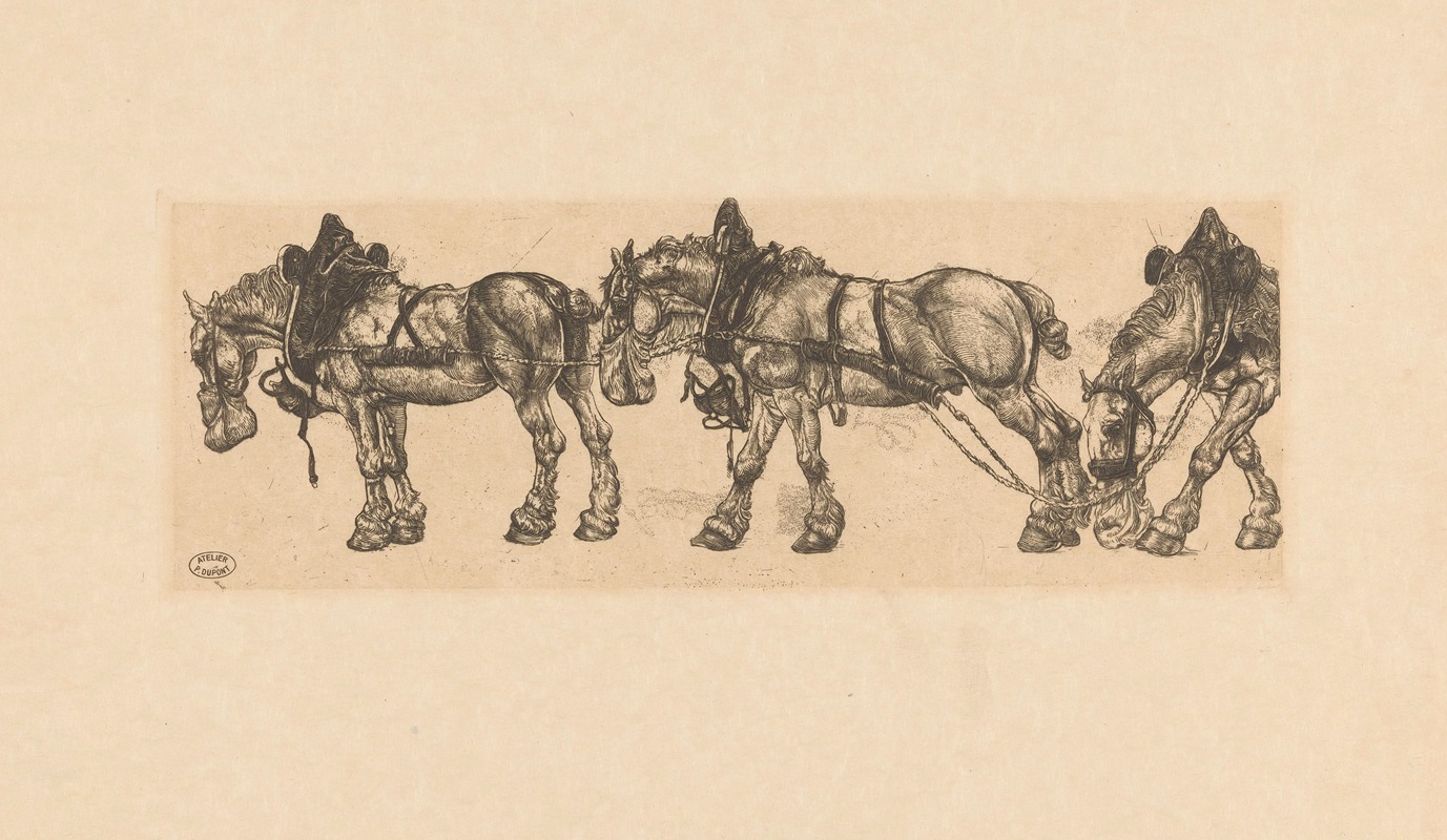 Drie werkpaarden met haverzak — Pieter Dupont