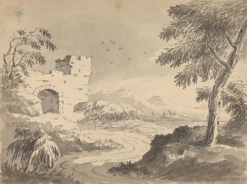 Landscape with Road Leading to Abbey — William Gilpin