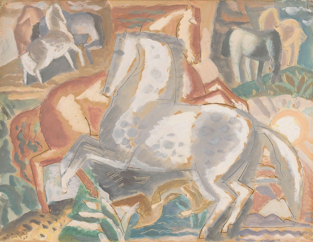 Paarden in landschap by Лео Гестел, 1928 — digital art print download