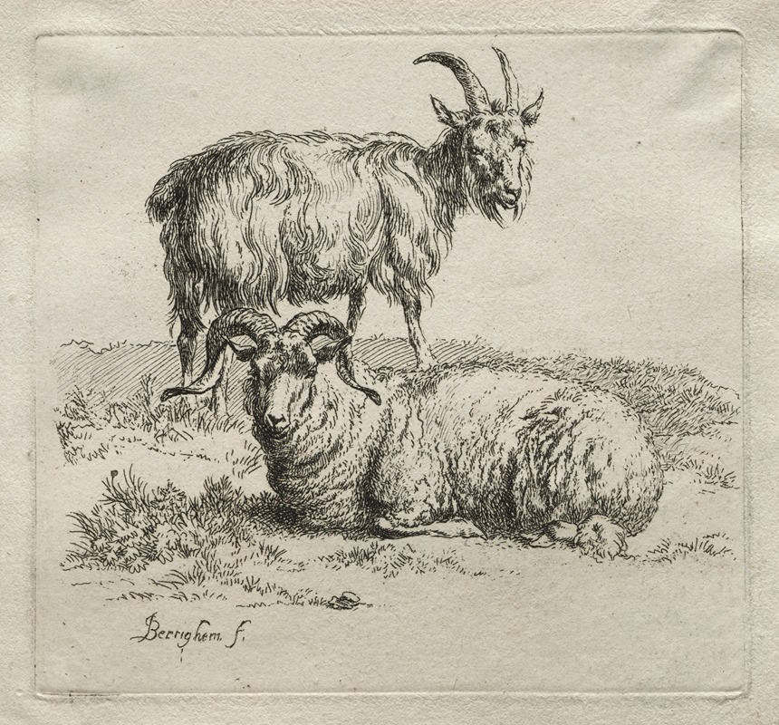 Ram and Goat by Nicolaes Pietersz. Berchem, 1635-1683 — digital art print download
