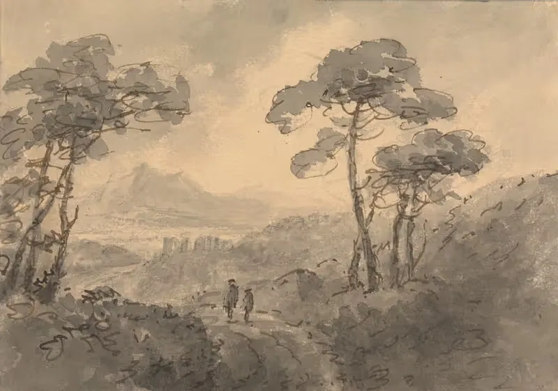 Mountain Landscape with Two Figures on a Winding Road — William Gilpin