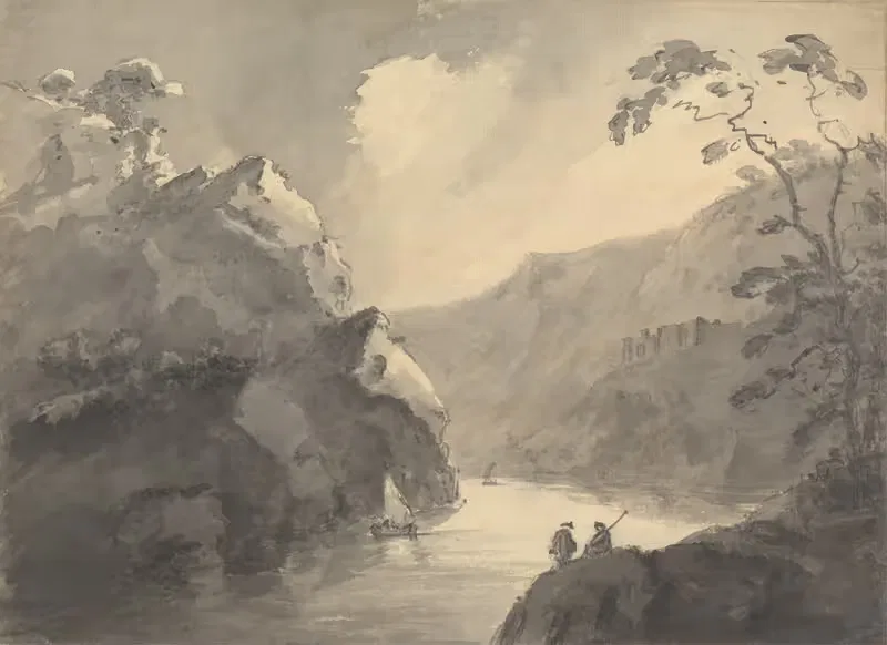 Mountainous landscape with winding river and castle — William Gilpin