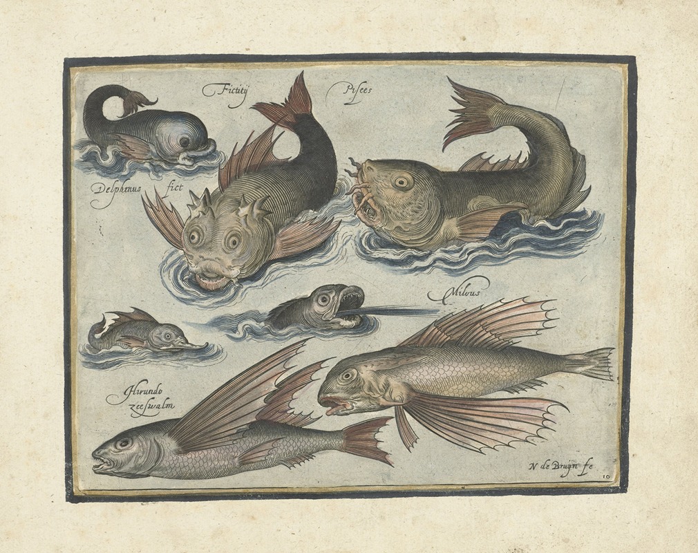 Five mythical fish, including a mythical dolphin, and two flying fish — Nicolaes de Bruyn