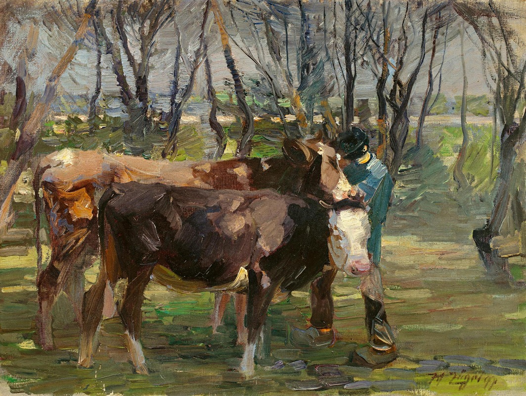 Kuh und junges Rind mit Hüter — Heinrich Von Zügel