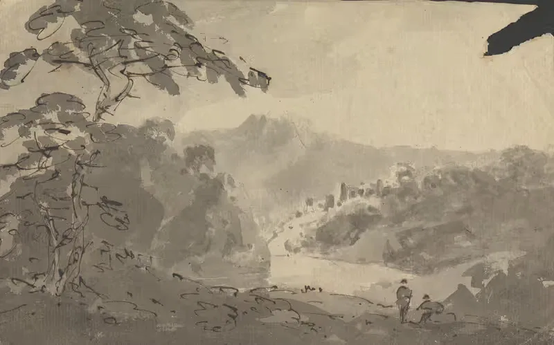 Two Men Looking Into Landscape with Castle, River and Mountain Scene — William Gilpin