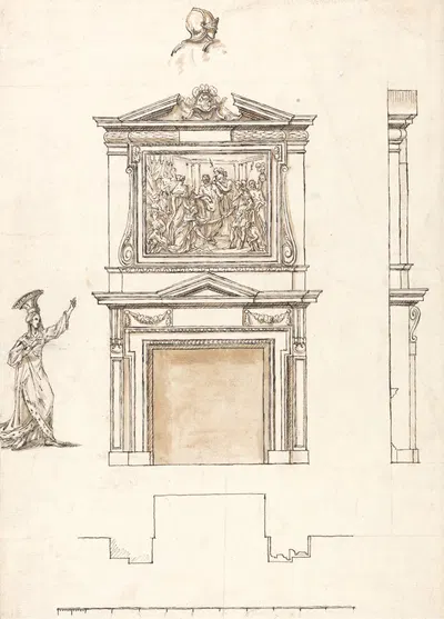 Stowe House, Buckinghamshire: Elevation and Section of Chimney Piece in the Hall by William Kent — digital art print download