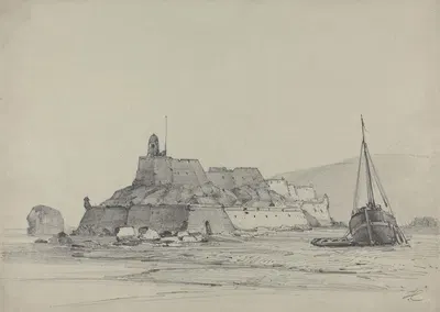 Coast Scene with Castle and Beached Fishing Vessel by Джон Кэллоу — digital art print download