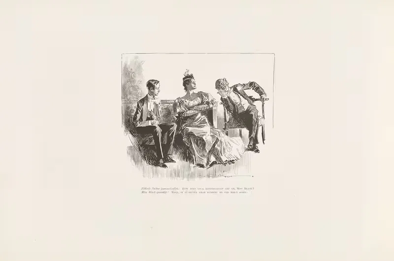 Elderly Suitor (sarcastically); How does your kindergarten get on, Miss Black — Charles Dana Gibson