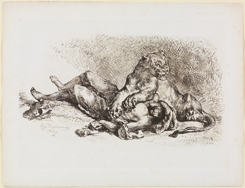 Löwin, die Brust eines Arabers zerreißend by Эжен Делакруа, 1849 — digital art print download